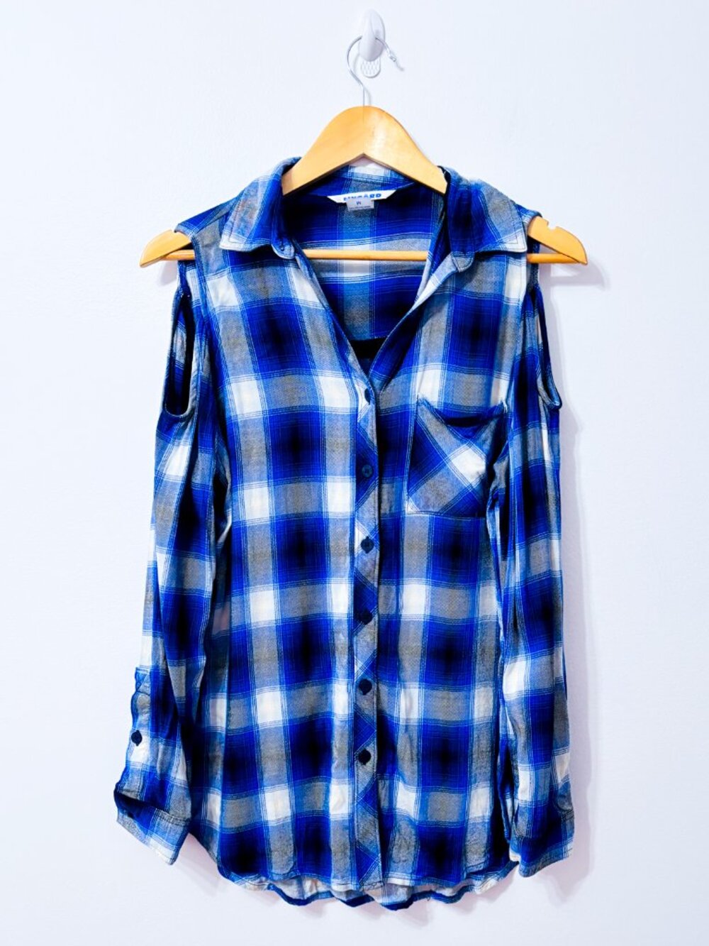 NYGARD Blue Plaid Cold Shoulder Button Front High Low Shirt Medium